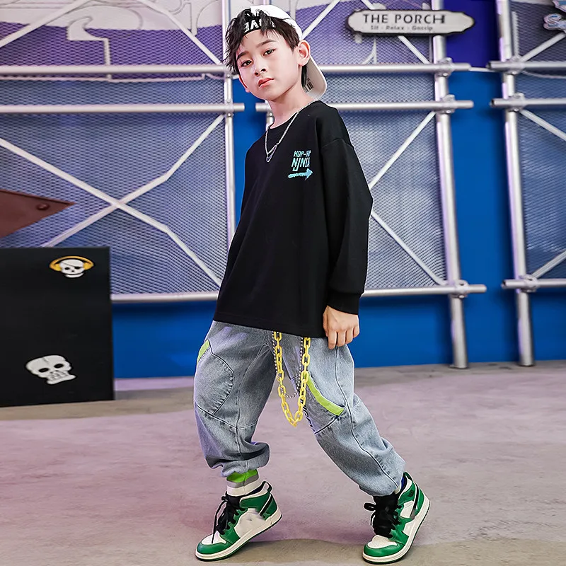 2020 Boys Hip-Hop Dance Clothes Kids Summer Loose Long-Sleeved T-Shirt Vest Jean Pants Children Jazz Street Wear Stage Outfits (6)