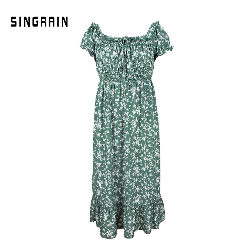 green SINGRAIN женское цветочное длинное платье с открытыми плечами богемное платье миди с рюшами корейское винтажное весенне-летнее шифоновое платье с принтом - Цвет: green