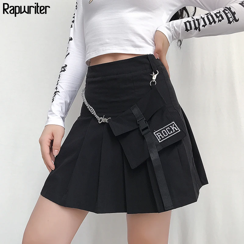 

Rapwriter Punk Style High Waist Patchwork Chain Letter Pocket Skirt Women 2019 Summer Streetwear Sexy Mini Skirt Saias falda
