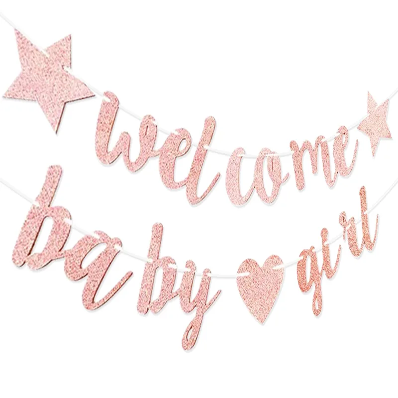 Baby Shower Decoration Banner Five-pointed Star Love Welcome Baby Girl Glitter Garland Party Decoration