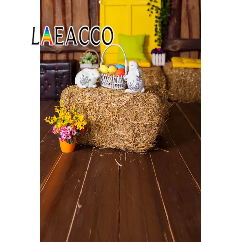 Laeacco пасхальные фоны для фотографии корзина яйца кролик стог сена цветы