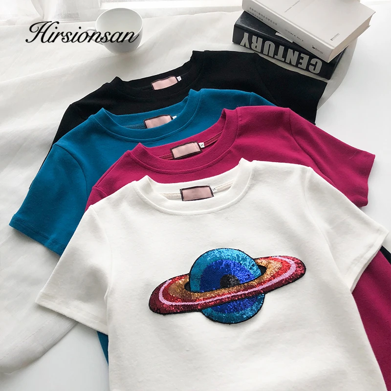 Женские футболки с блестками Hirsionsan шикарные коротким рукавом Harajuku Kawaii Корейская
