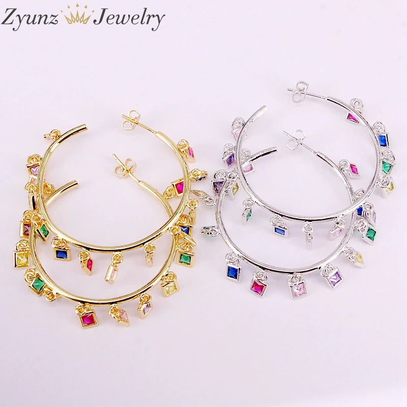 

4Pairs, Cz Micro Pave Zirconia Gold/Silver Color Rainbow Crystal Party Jewelry Multicolor Charms Fashion Earring Studs