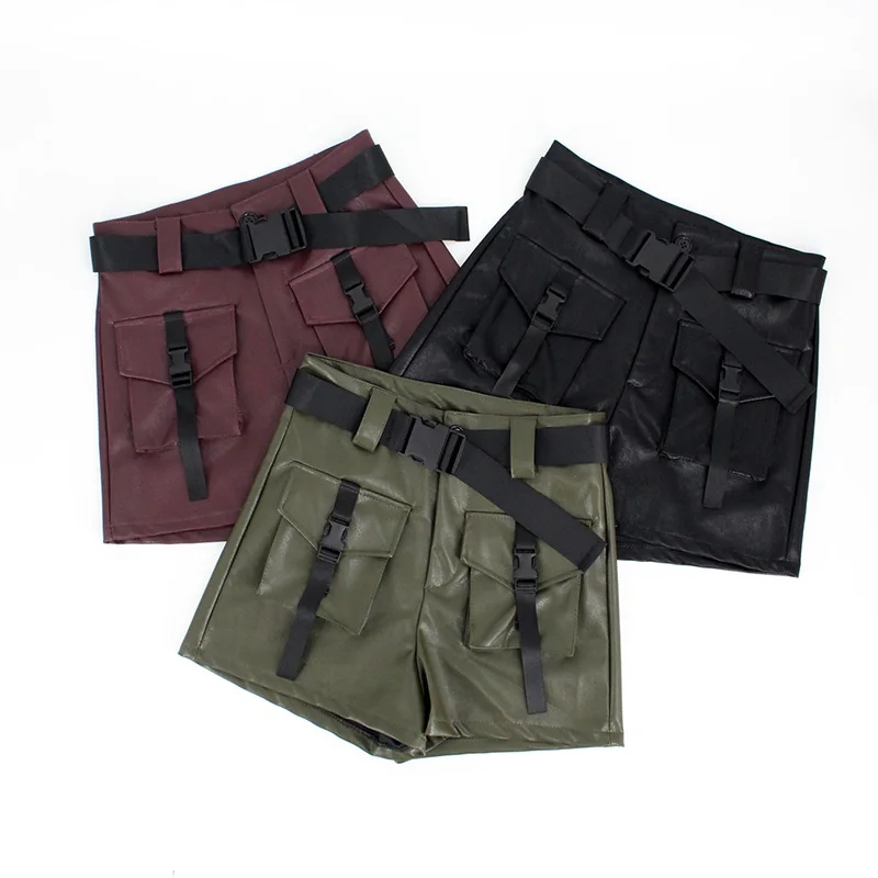 

Winter Shorts Women PU Leather Short Feminino Panties Punk Style Pockets Sashes Belt Pantalones Cortos Korte Broek Dames