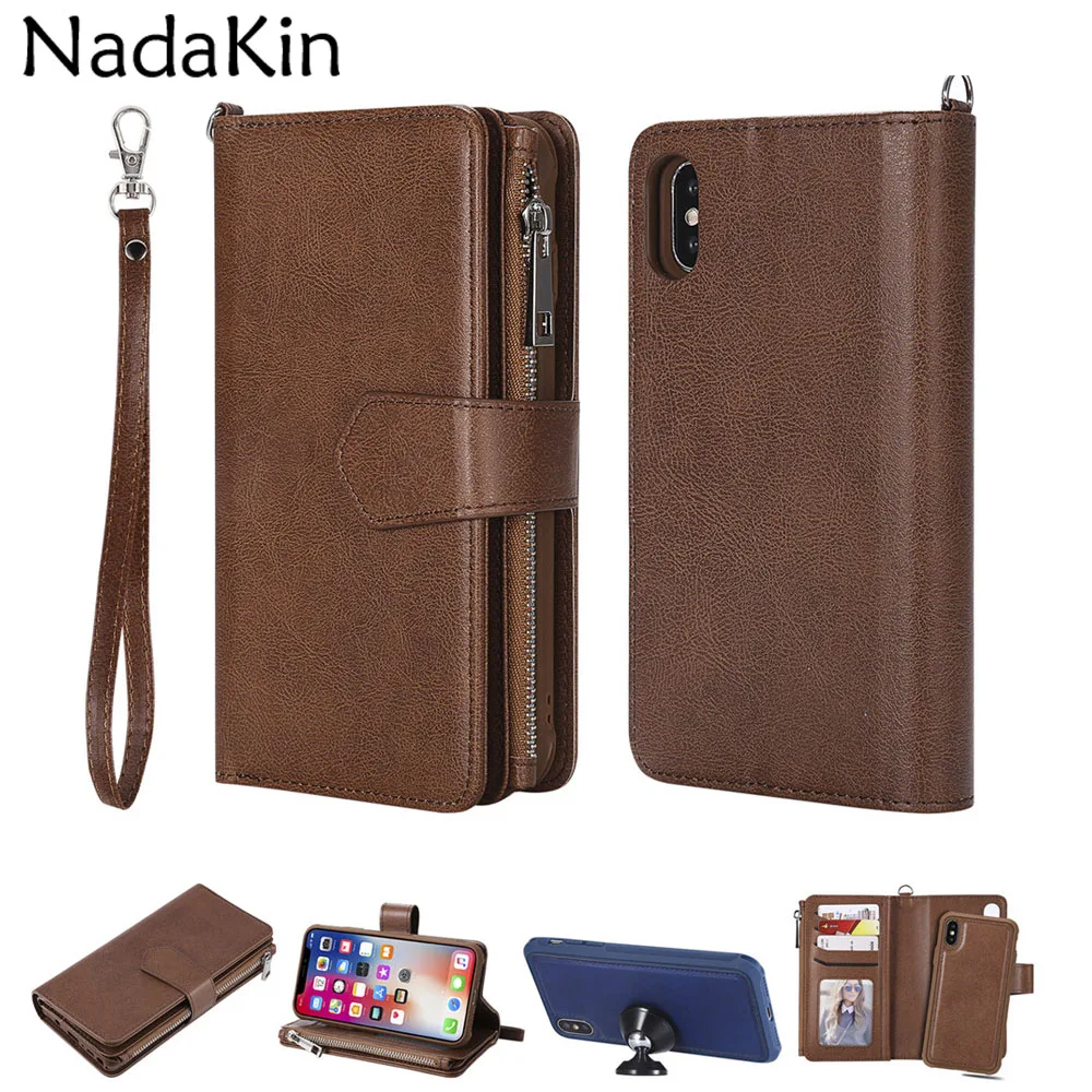 

Luxury Leather Wallet Case for iPhone 11 Pro XR X XS MAX 7 8 6 6S Plus Flip Shockproof Book Cover Hand Rope Strap Card Slots