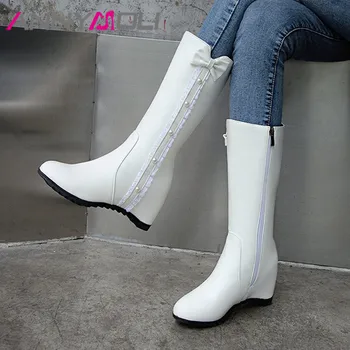 

ANNYMOLI High Heel Mid Calf Boots Woman Boots Zip Height Increasing Heel Shoes Bow Pearl Female Boots Fur Winter White Size 43