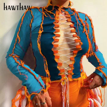 

Hawthaw Women Autumn Clothes Long Sleeve Hollow Out Sexy Patchwork Color Block Fashion T Shirt Skinny Tops Tees 2020 Slim Fall