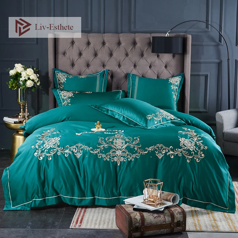 

Liv-Esthete Luxury A Silk B Cotton Green Bedding Set Printed Duvet Cover Bed Sheet Set Double Queen King Bed Linen Home Textile
