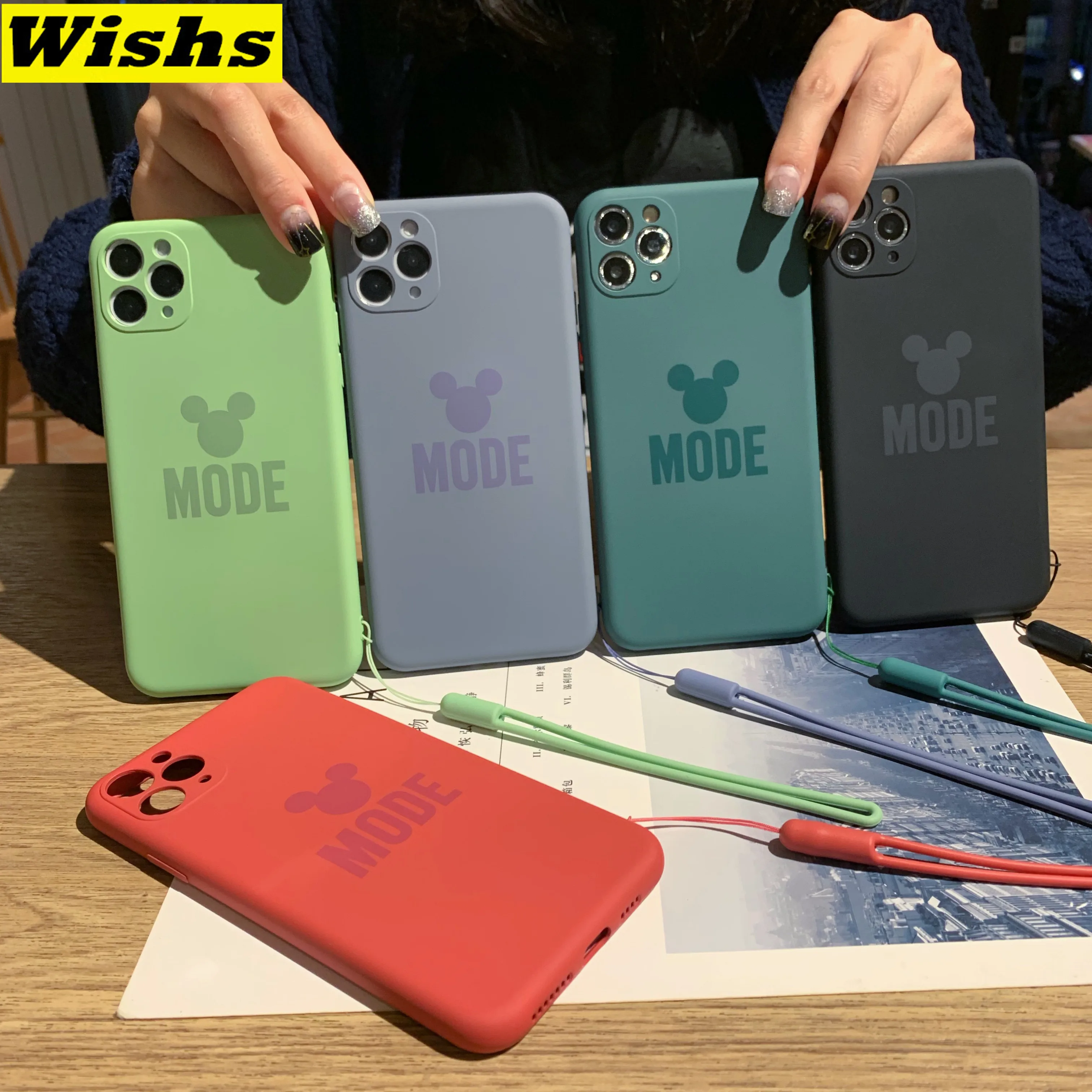 

Camera Lens Protection Phone Case For iPhone 11 Pro Max XR XS Max X 8 7 6 6S Plus Wrist rope Silicone Cartoon Mickey MODE case