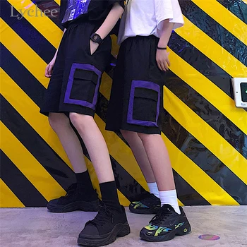 

Lychee Harajuku Patchwork Women Shorts Elastic Waist Pocket Lody Shorts Summer Spring Hit Color Loose Lady Straight Shorts
