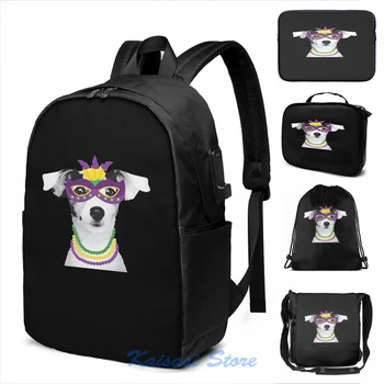 

Jack Russell Terrier Mardi Gras Tshirt Dog Beads Costume Tee USB Charge Backpack Cosmetic bag Travel laptop bag