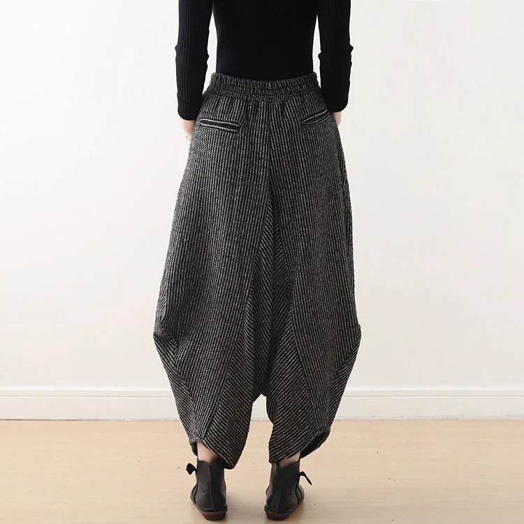 

Women High Elastic Waist Winter Lantern Pantalon Loose Baggy Pockets Cargo Pants Striped Cotton Linen Long Wide Leg Trousers