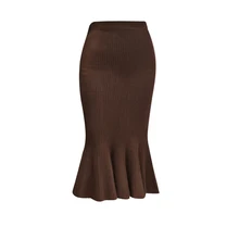 Зимний теплый женский свитер, вязанные юбки с высокой талией, эластичная коричневая юбка с рюшами в виде рыбьего хвоста, сексуальная официальная Длинная вязаная юбка-бандаж