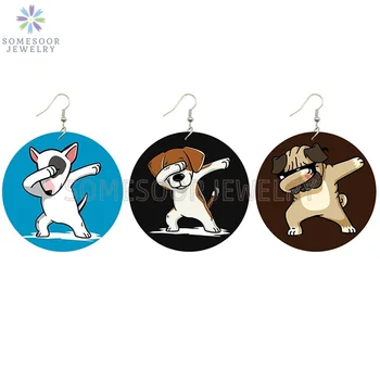 

SOMESOOR Dabbing Beagle Funny Dogs Wooden Drop Earrings Cartoon Pug Dance Designs Dangle Jewelry Both Sides Print For Girls Gift