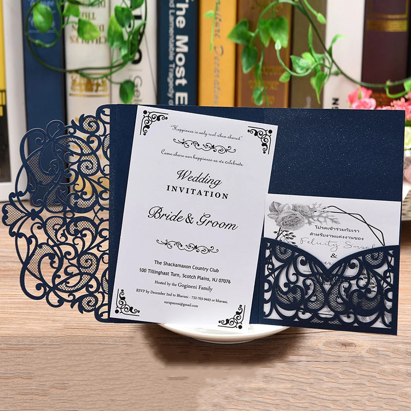 10pc Blue White Elegant Laser Cut Wedding Invitation Cards Greeting Card Customize Business With RSVP Cards Decor Party Supplies