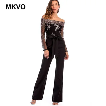

Elegant Women Off Shoulder Long Sleeve Sequins Black Loose Jumpsuit with Belt Autumn Nets Sexy rompers womens jumpsuit