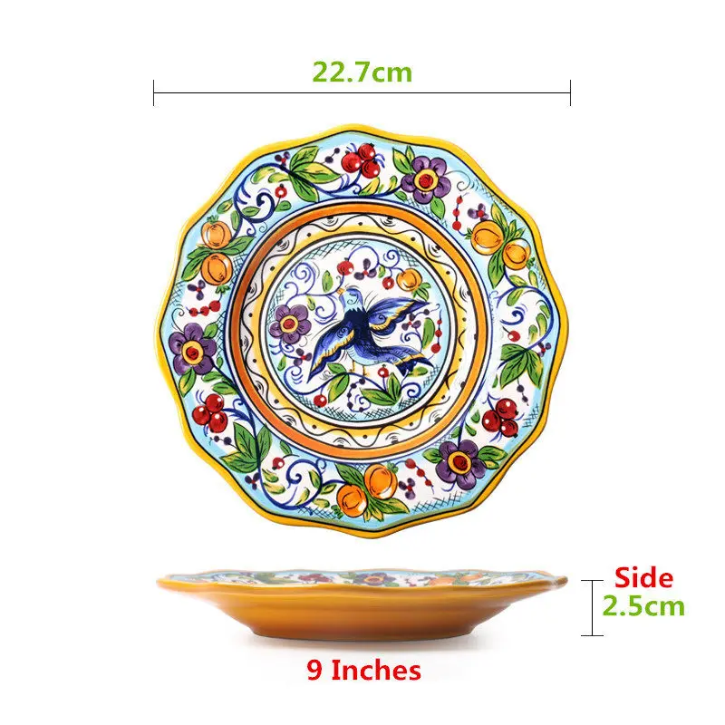 Ceramic Steak Plates Porcelain Dishes Kitchen Dinnerware Wedding Gifts Birthday Presents West Asian Style Flower & Bird 9 Inches
