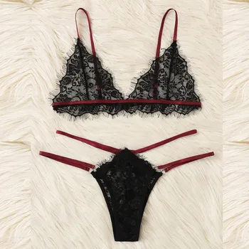 

women pyjama set Fashion Sexy Lace Eyelash Lace Lingerie Set Black Bra Thong Underwear G-String Lingerine pigiami estivi donna
