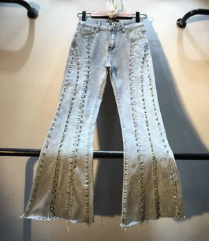 

Flare Jeans Woman European Goods New Hand-studded Diamond Beads High Waist Jeans Ladies Elasticity Ripped Jean Denim Pants