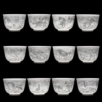 

Chinese Style 12 Auspicious Zodiac Ceramic Carvings 3D Teacup Kung Fu Tea Pu'er Porcelain Tea Cup Set Tea Ceremony Gifts 100ml