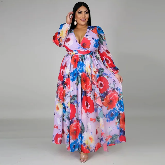 2021 Chiffon Long Sleeve Cross V-Neck Maxi Dress Bohemia Dress Full Plus Size Celebrity/Graduation/Dinner Dress Beach Sundress D5511 Red