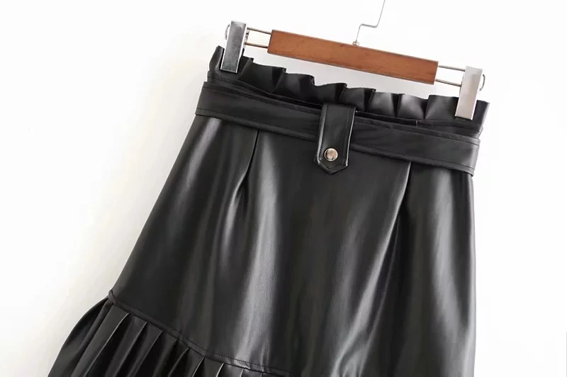 Элегантная юбка с оборками и высокой талией, женские черные сексуальные мини юбки, винтажные юбки из искусственной кожи с поясом, плиссированная юбка, уличная одежда