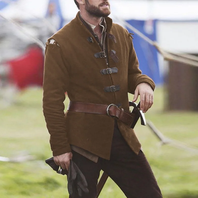 Куртка, пальто, Мужская средневековая Классическая куртка с кожаной пряжкой, повседневный Тренч, винтажная британская Готическая куртка с