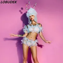 Для женщин танцор команда DJ джазовое выступление наряд для баров и ночных клубов для сцена на вечеринках и шоу одежда танцевальный костюм, повязка на голову+ топ+ шорты+ набор манжеты