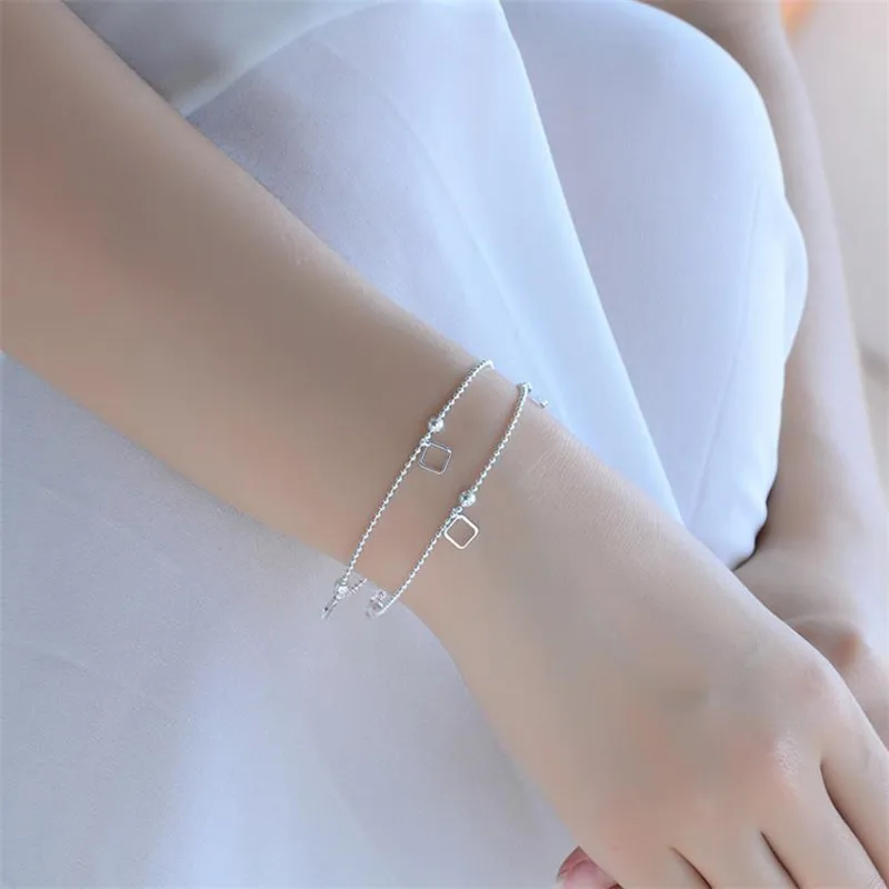 

Personality Female Silver 925 Bracelets For Women Jewelry Fashion Square Double Layer Anklets Female Princess Accessories Girls