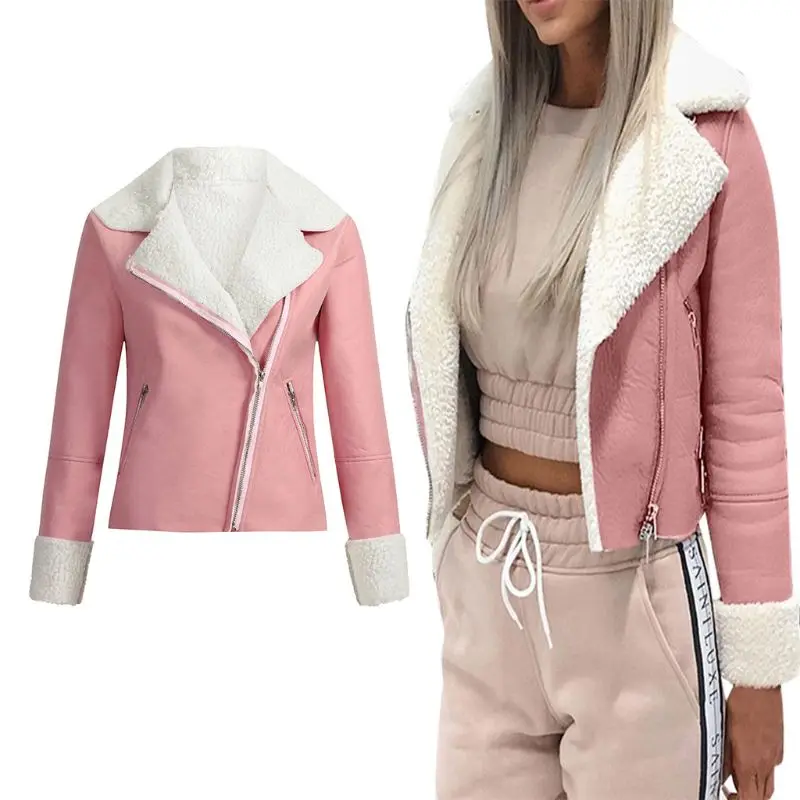 price reduction  Women Winter Artificial Leather Lapel Short Coat Warm Faux Wool Motocycle Jacket