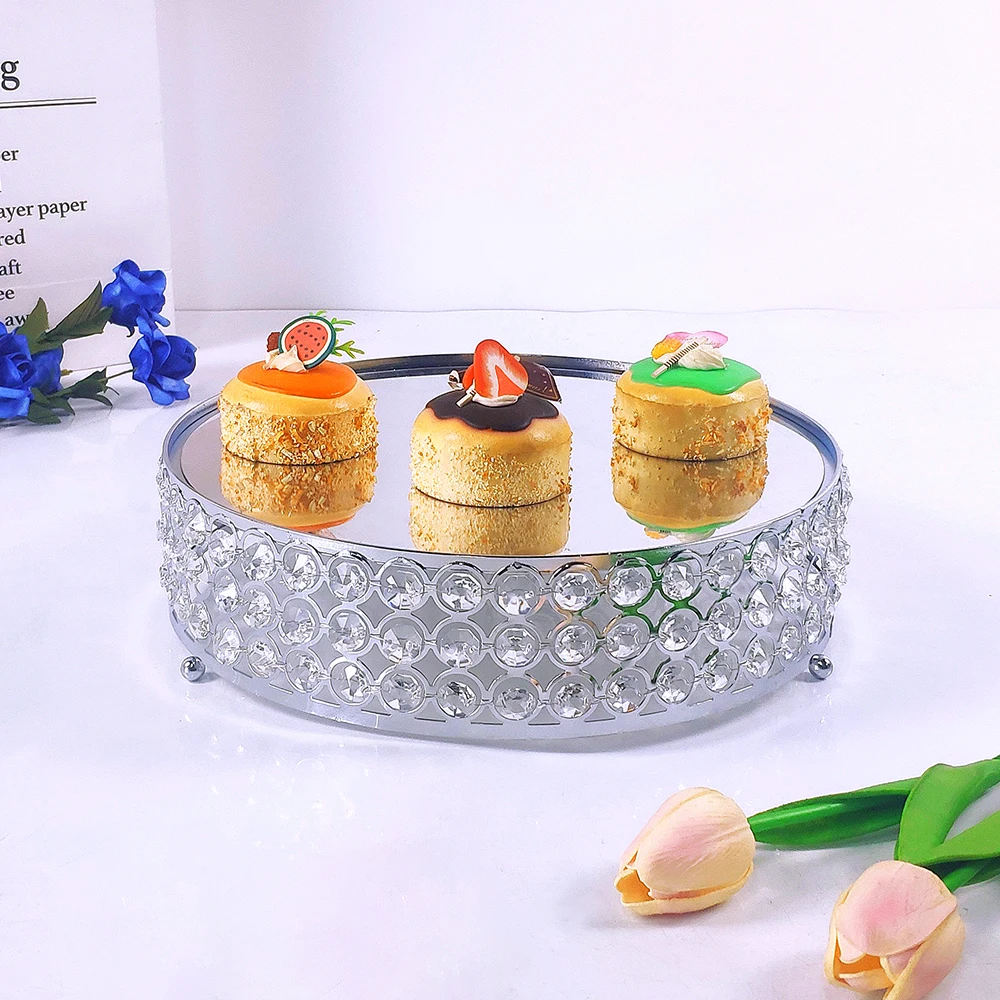 1pc Silver Mirror Crystal Metal Cake Stand Round Cupcake Wedding Birthday Party Dessert  Pedestal Display Plate Home Decor