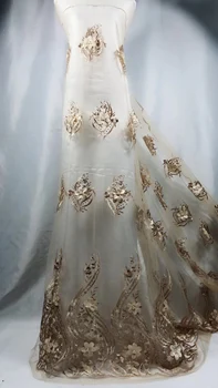 

Beautifical nigerian lace fabrics Gold net lace with beads/stones New arrival embroidery 3d flowers tulle lace for dress LN98