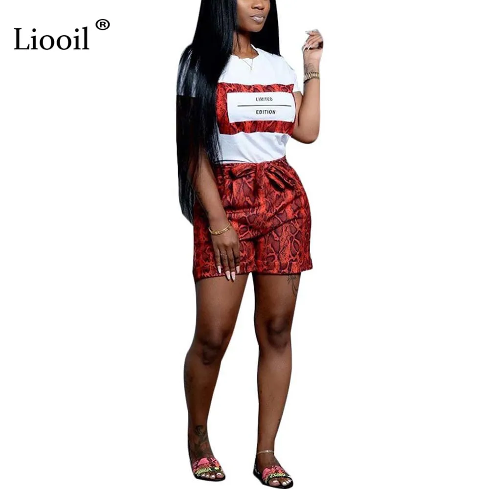 Liooil, змеиный принт, комплект из двух частей, короткий, женский,, рубашка, укороченный топ и байкерские шорты, сексуальная клубная одежда, спортивная, активная одежда, спортивный костюм - Color: 3618-Red