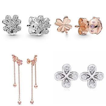 

New 925 Sterling Silver Earring Good Lucky Clover Flower Rose Four-leaf Clover And Ladybird Earring For Women Fine Jewelry