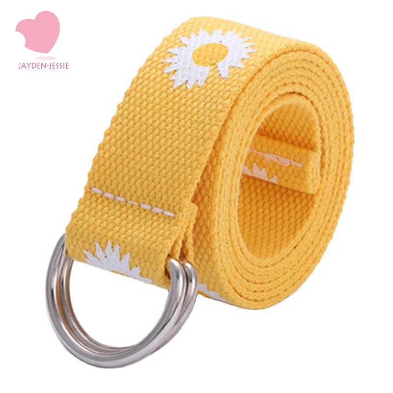 

New canvas material daisy print pattern ladies and girls fashion double ring buckle belt printing element designer belts