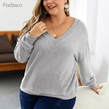 

FADZECO Female Baggy Clothing Women T Shirt Autumn Winter Plus Size Knitted Tops Fashion V-Neck Long Sleeve T-Shirt Grey