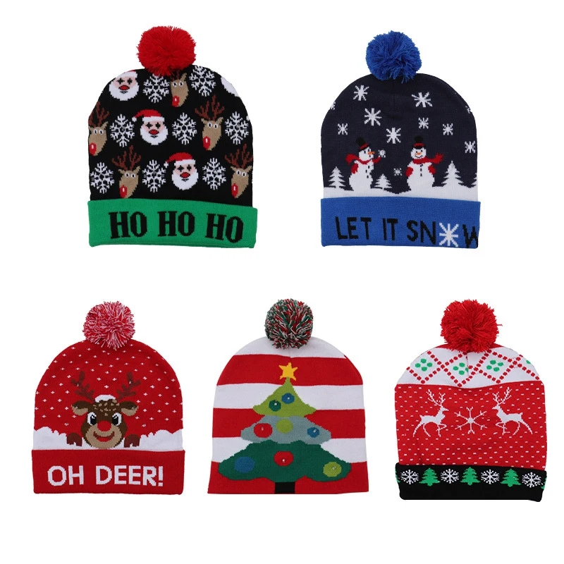

Colorful Glowing Knitting Designs LED Christmas Hats Beanie Sweater Christmas Santa Hat Light Up Knitted Hat for Kid Adult for C