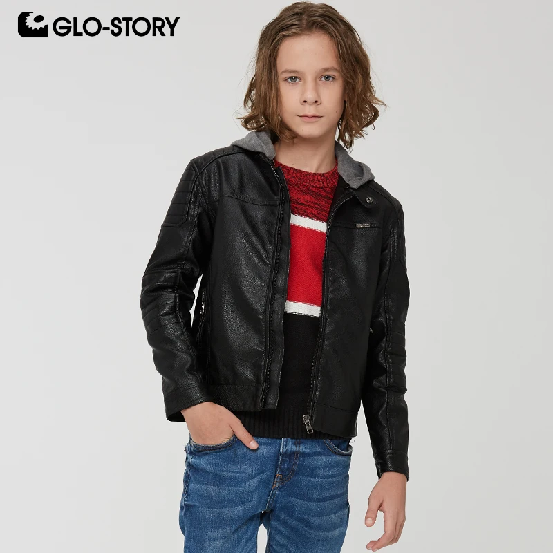 

GLO-STORY Fashion Boy Leather Jacket Hooded Streetwear Motorcycle Winter Jacket Kids Clothes 2019 Autumn New 134-164cm BPY-9260