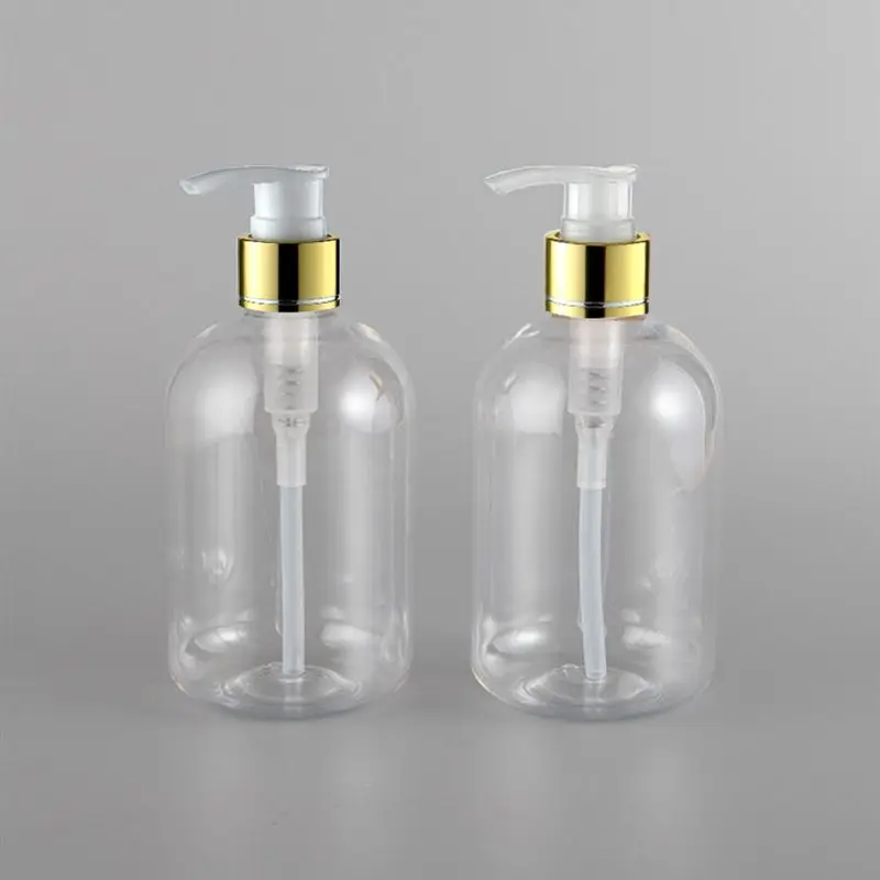 12pcs 350ml 투명 에멀젼 펌프 병, 골드 실버 알루마이트 펌프, 화장품 포장 용기, 샤워 젤 샴푸 병