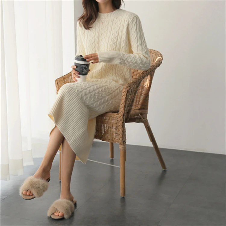 H95888c3449844fafab344653f08a1753a - Winter O-Neck Long Sleeves Twist Split Straight Knitted Midi Dress