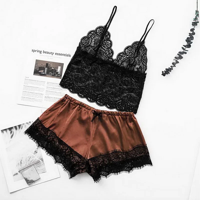 Women Sleep Wear Sexy Lingerie Satin Lace V-Neck Camisole Shorts Set Sleepwear Pijamas Women Sleeping Clothes Sleepwear Women