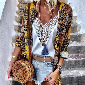 

2019 New Blouse Woman Fashion Deep Neck Women Casual Floral Print Cardigan Long Shirt For Women Autumn Long Sleeve Shirt