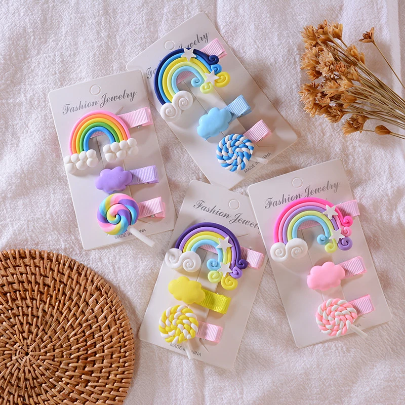 3 uds niños niña Piruleta de arcoíris Clip de pelo niña Clip pelo accesorios de pico de pato Clip de bebé de moda lindo, gran oferta