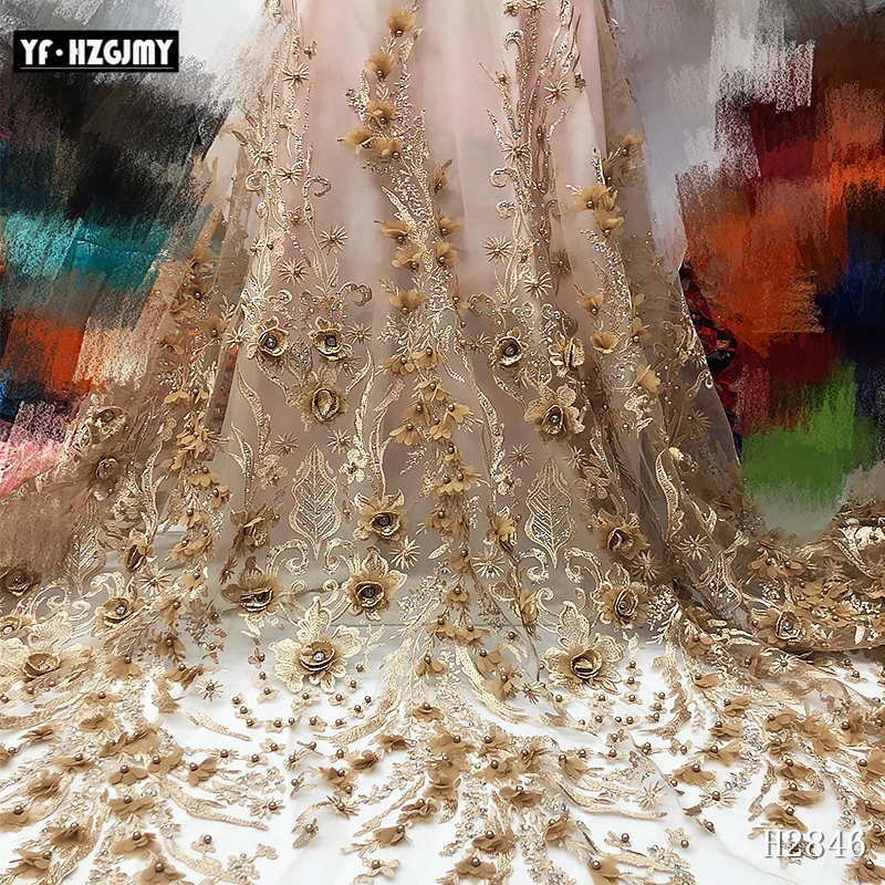 Золотые африканские 3D Цветы кружевная ткань с бисером ручной работы последние бисером тюль кружевная ткань для свадебного платья A2846