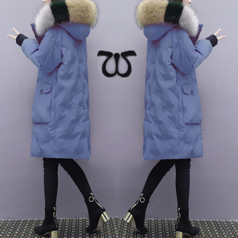 Duck White Outwear Goose Feather Coat Down Jacket Woman Warm Hooded Parka Real Fur Collar Slim Thick Korean Overcoat O123 - Цвет: Blue