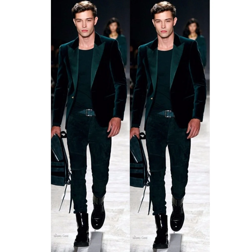

Latest Coat Pant Designs Green Velvet Prom Men Suit Set Slim Fit Tuxedos (Jacket+Pants) Custom Blazers Groom Suits Costume Homme