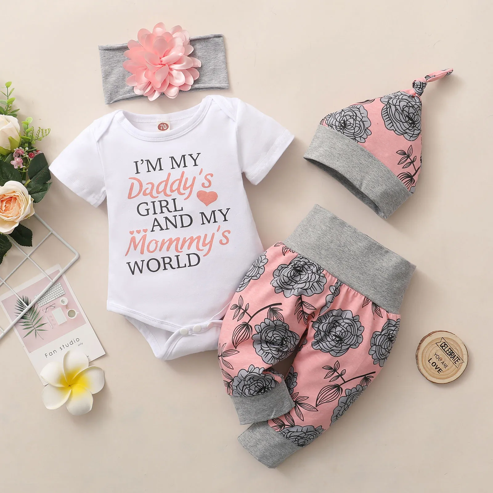 Newborn Baby Girls Bodysuit Rompers Floral Long Pants Headband Outfits Sets US 