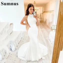 Sumnus High Neck Simple Satin Wedding Dress 2022 Boho Sleeveless Mermaid Dubai Bride Dress Plus Size White Wedding Formal Gowns
