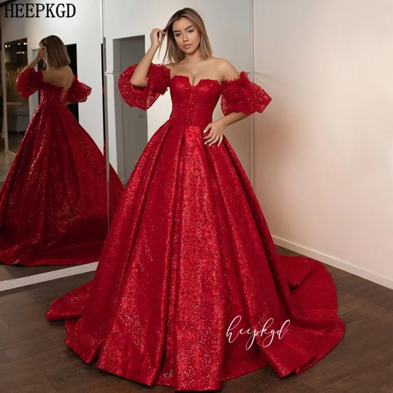 Блестящее красное арабское вечернее платье с короткими рукавами, с открытыми плечами, с корсетом на спине, Длинные официальные платья, дизайн, Robe De Soiree - Цвет: Красный