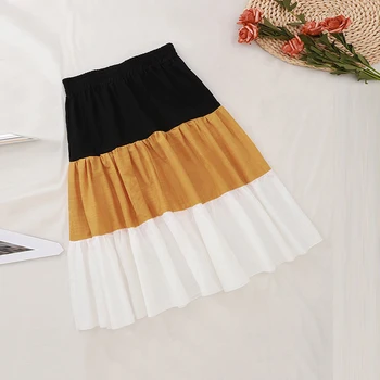 

Fanshion Casual Women Ruffled Black Yellow Patchwork A Line Skirt High Wasit Skirt Women Skirt